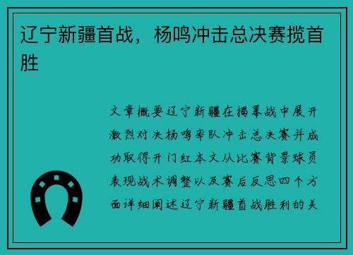 辽宁新疆首战，杨鸣冲击总决赛揽首胜